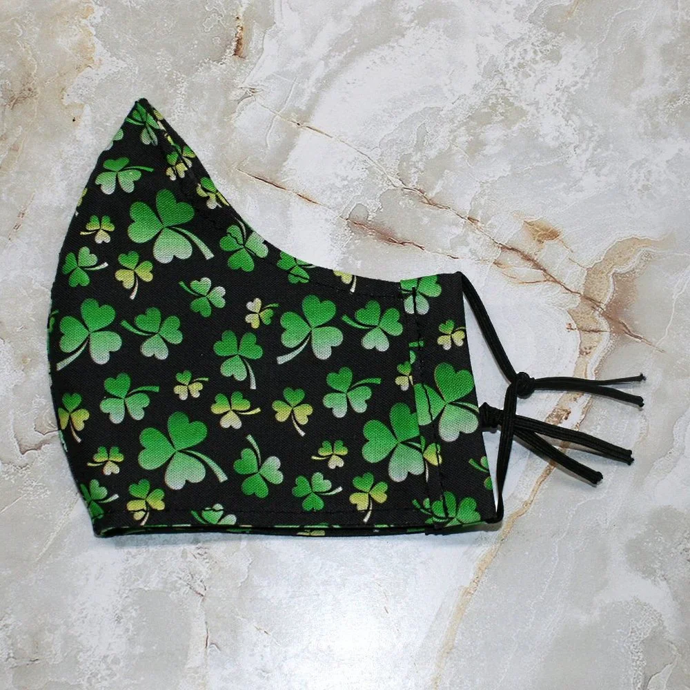 HAND CRAFTED Face Mask Black Shamrock Print Cotton - Adult - Shield Style - Picture 2 of 12